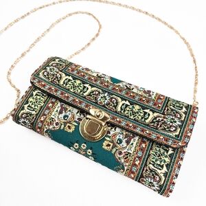 NWT Brocade Crossbody Clutch Purse, Green, Tan, and Gold